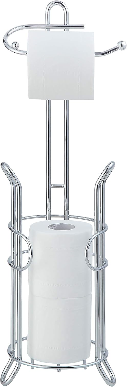 SunnyPoint Freestanding Toilet Paper Holder with Storage – Holds 3 Spare Rolls, Heavy-Duty Steel, Chrome Finish, Easy Assembly, Space-Saving Bathroom Organizer