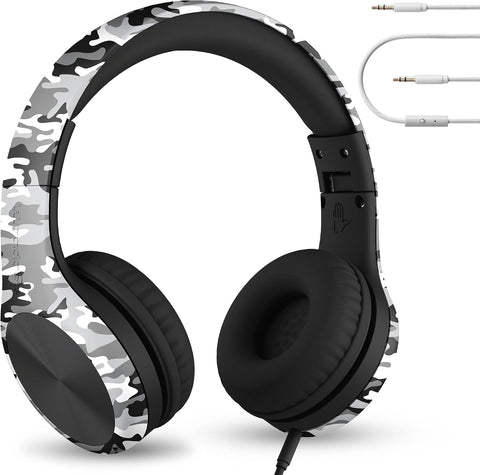 LilGadgets Connect+ Pro Wired Kids Headphones for School with Microphone, Volume Limiting Over-Ear Headset with Cord, SharePort Technology & SoftTouch Padding, Snow Camo