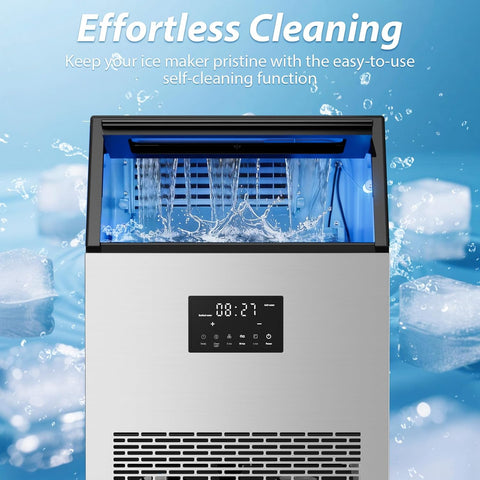 Commercial Ice Maker Machine, 150lbs/24H Stainless Steel Under Counter ice Machine with 55 Ice Cubes, Self-Priming Gallon Water& Facuet Water Inlet, Self Clean,45LB Storage Bin for Bar, Garage, Home