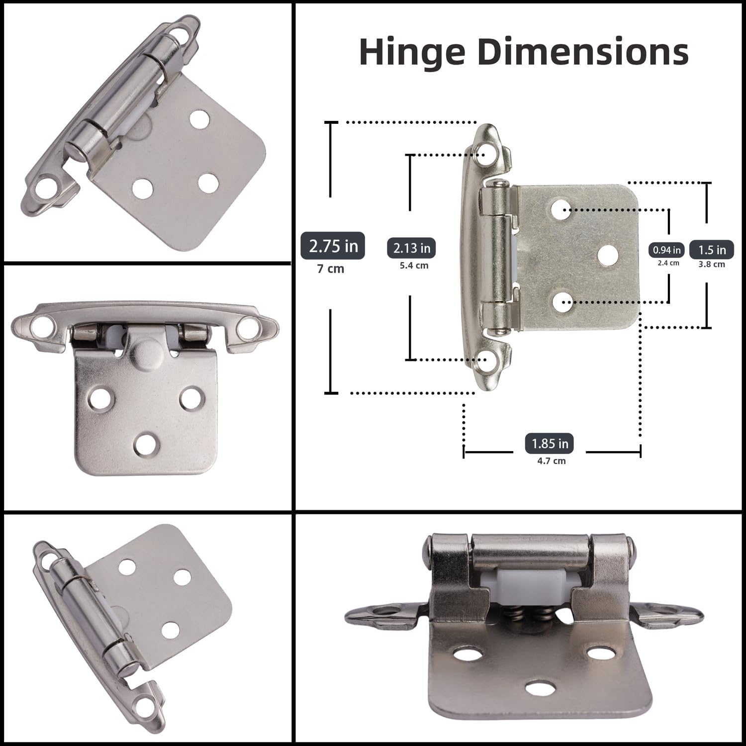 Decobasics 25 Pairs (50pcs) Self Closing Variable Overlay Flush Cabinet Hinge - Satin Nickel