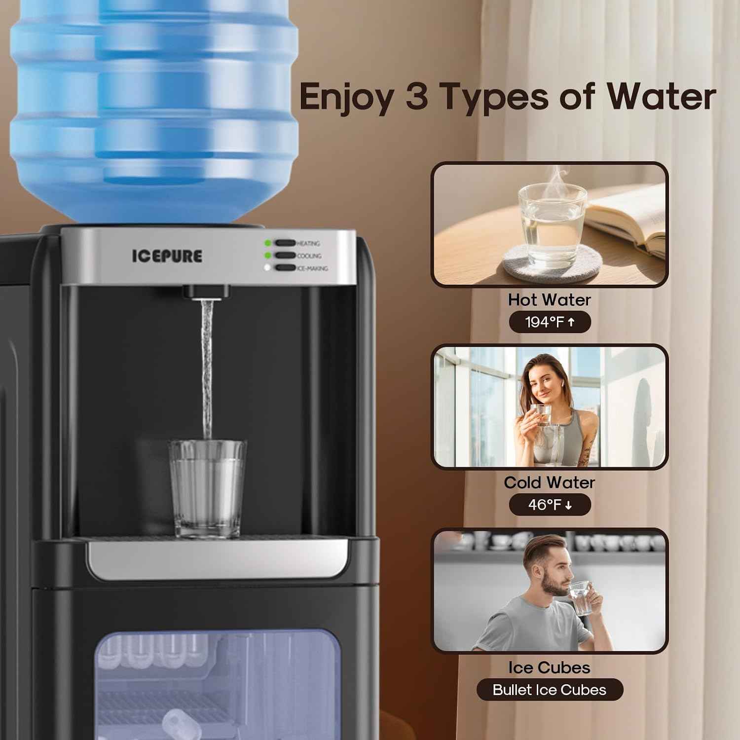 ICEPURE 3-in-1 Water Cooler with Ice Maker, Water Dispenser and Ice Machine