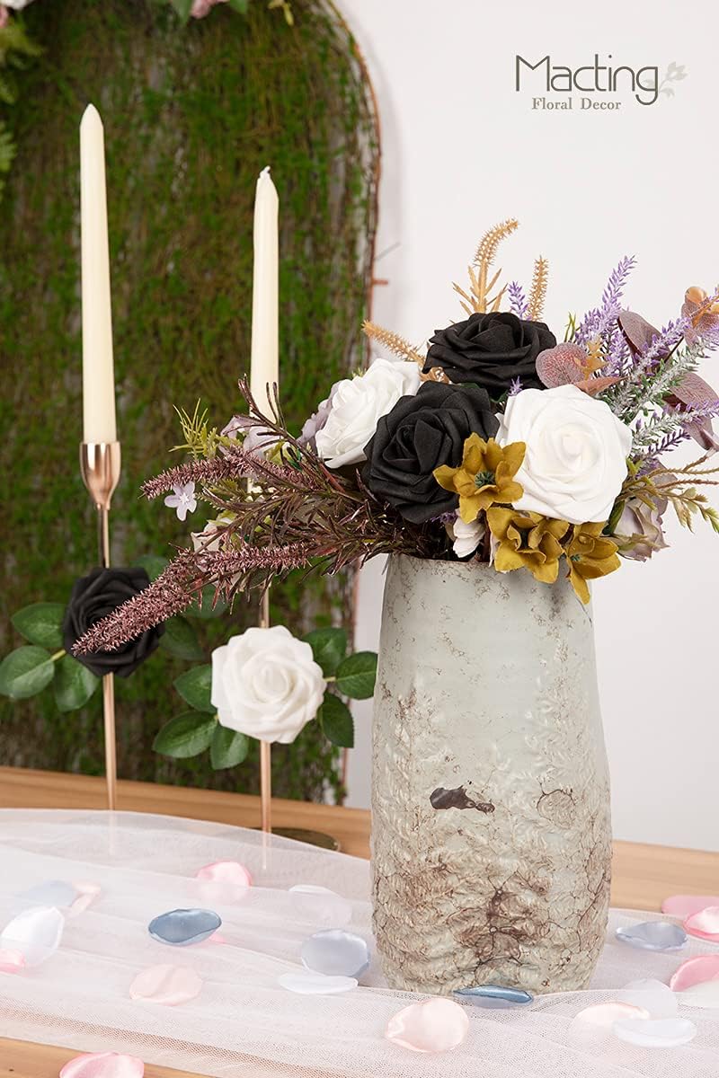 30PCS Black and White Artificial Roses with Stems, Real Touch Foam Flowers