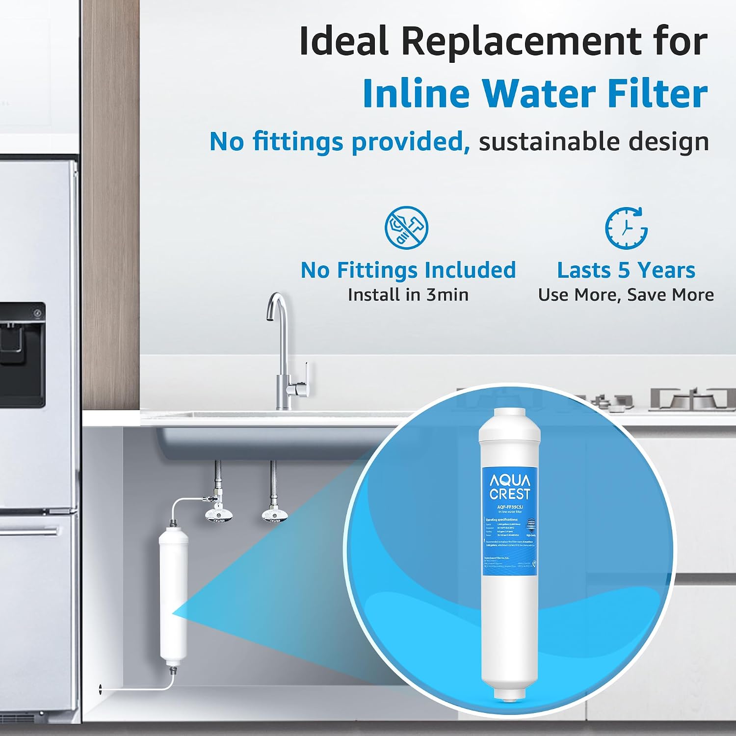 AQUA CREST FF35C5J Inline Water Filter Replacement, NSF/ANSI 42 Certified