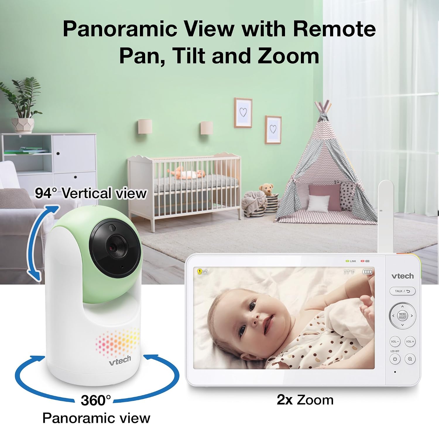 VTech Baby Monitor No WiFi, 7" IPS Screen, 5000mAh 12Hr Battery, 360° Pan Tilt Zoom, Night Vision, Multi-Color Night Light, 2-Way Talk| Advanced Max Green