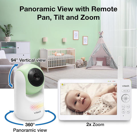VTech Baby Monitor No WiFi, 7" IPS Screen, 5000mAh 12Hr Battery, 360° Pan Tilt Zoom, Night Vision, Multi-Color Night Light, 2-Way Talk| Advanced Max Green