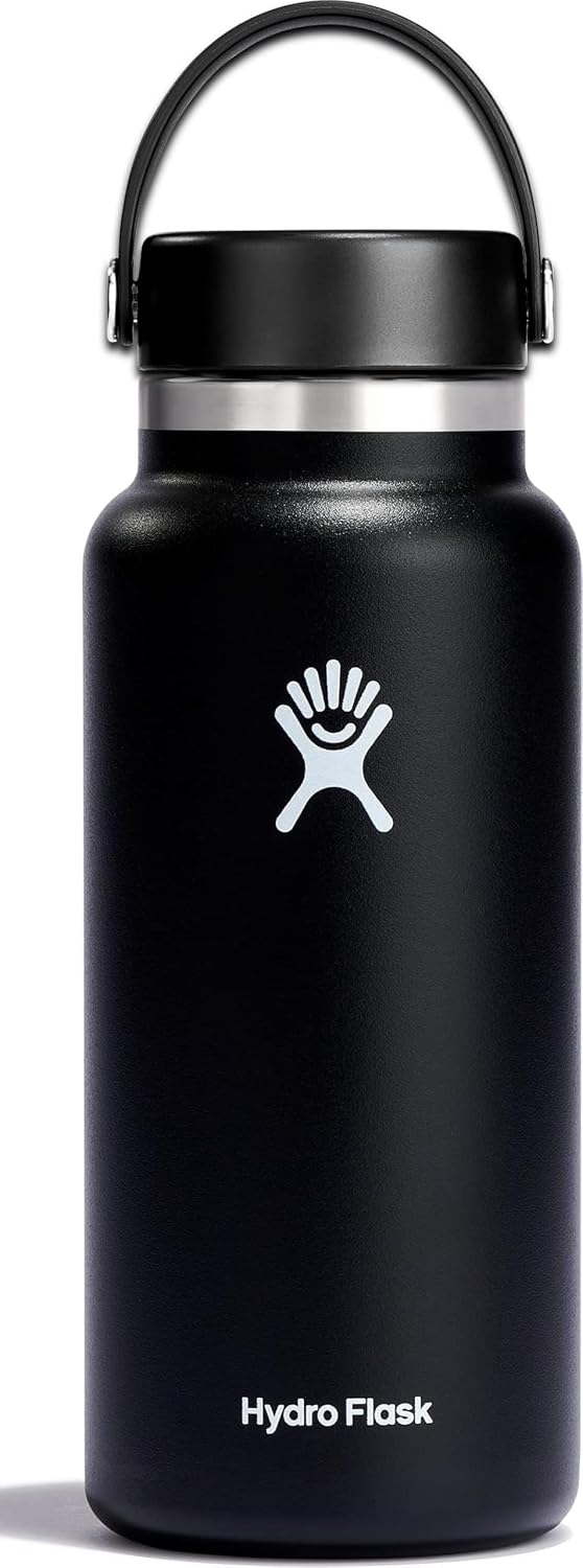 Hydro Flask Water Bottle - Insulated Stainless Steel - Wide Mouth Flex Lid, Non Spill, Leakproof and Refillable in 32 Oz Black