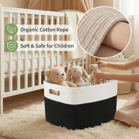 JMvicyroam 96L Large Woven Cotton Rope Blanket Basket, White&Black
