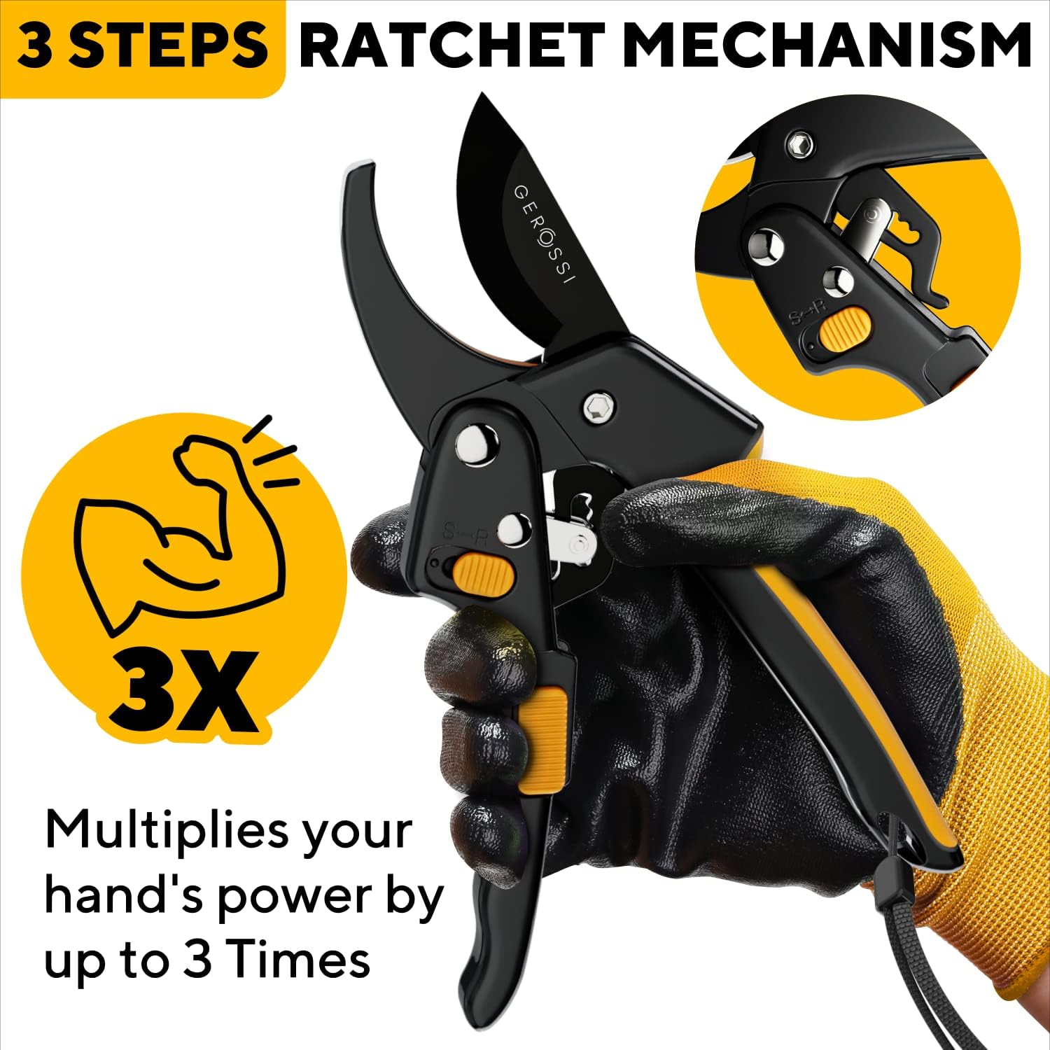 Gerossi Ratchet Pruning Shears Heavy Duty, Hand Pruners for Gardening