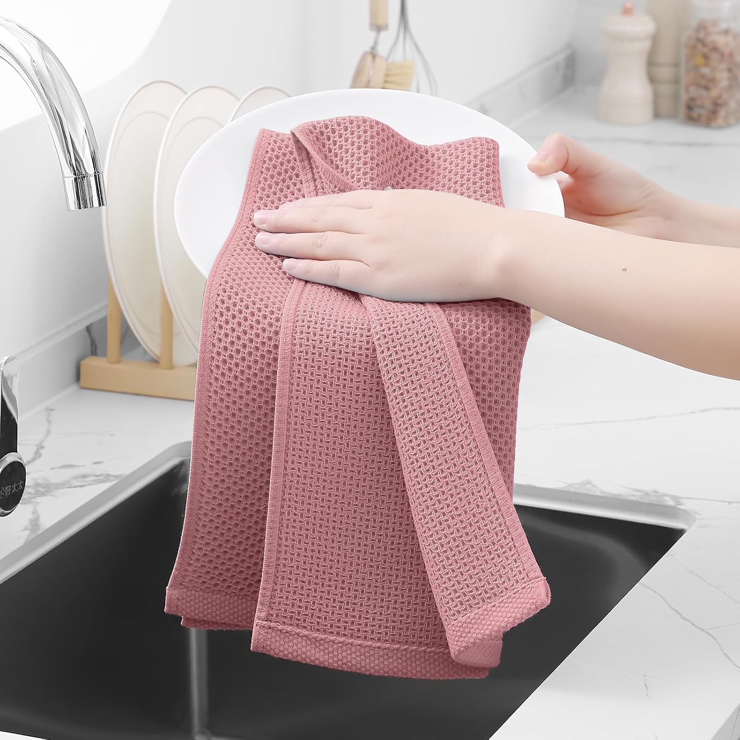 Homaxy 100% Cotton Waffle Weave Kitchen Dish Towels 8-Pack, Dried Rose