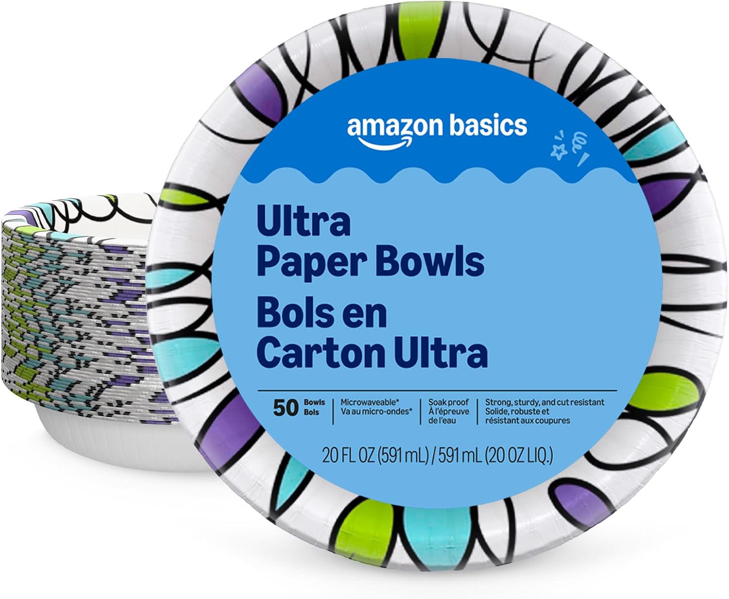 Amazon Basics Ultra Disposable Paper Bowls, 20 Oz, Microwave Safe, Soak Proof, Strong & Sturdy, White, 50 Count, Packaging May Vary