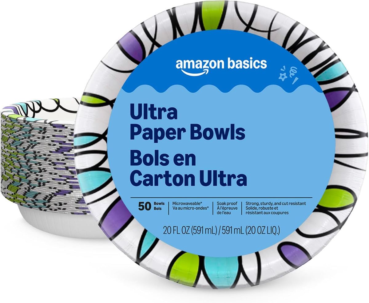 Amazon Basics Ultra Disposable Paper Bowls, 20 Oz, Microwave Safe, Soak Proof, Strong & Sturdy, White, 50 Count, Packaging May Vary