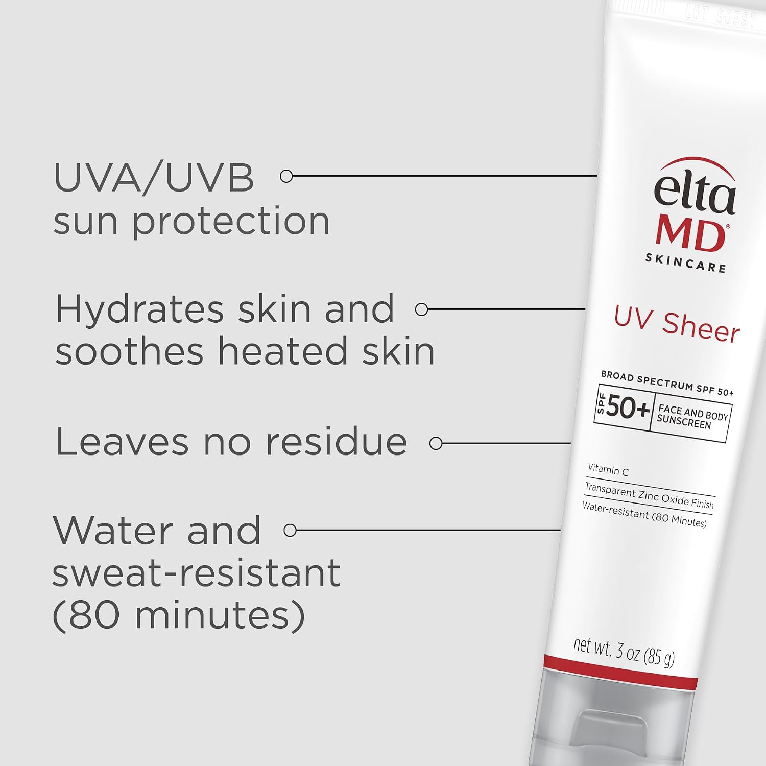 EltaMD UV Sheer Face and Body Sunscreen with Zinc Oxide, SPF 50+, 3 oz | Combined Moisturizer and Sunscreen, No White Cast, Lightweight, Sheer Finish, Water Resistant Up to 80 Minutes