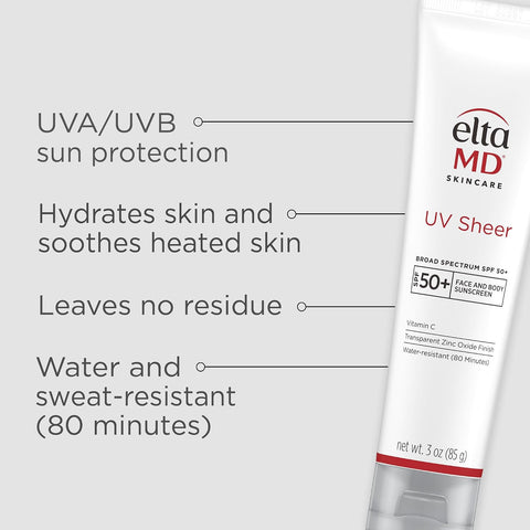 EltaMD UV Sheer Face and Body Sunscreen with Zinc Oxide, SPF 50+, 3 oz | Combined Moisturizer and Sunscreen, No White Cast, Lightweight, Sheer Finish, Water Resistant Up to 80 Minutes