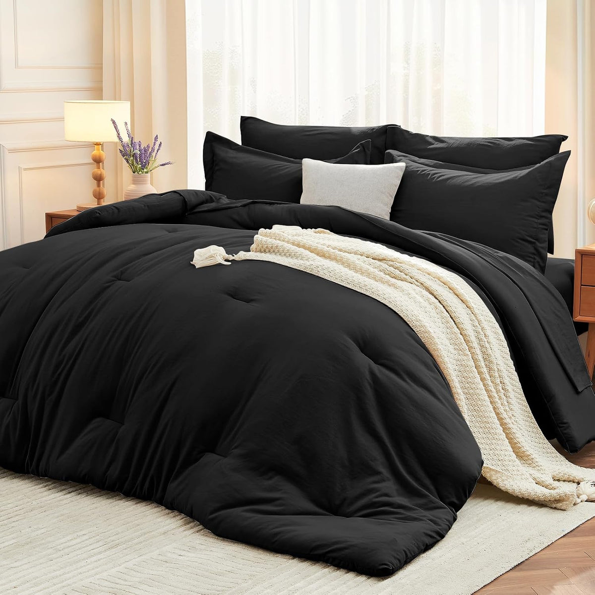 MUXHOMO Oversized Queen Comforter Set 7 Pieces, Soft Bed in a Bag, Black