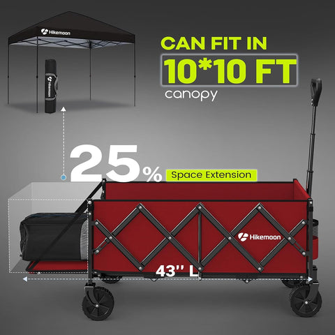 HIKEMOON 43'' Extra Long Folding Wagon with Extended Tailgate, Red