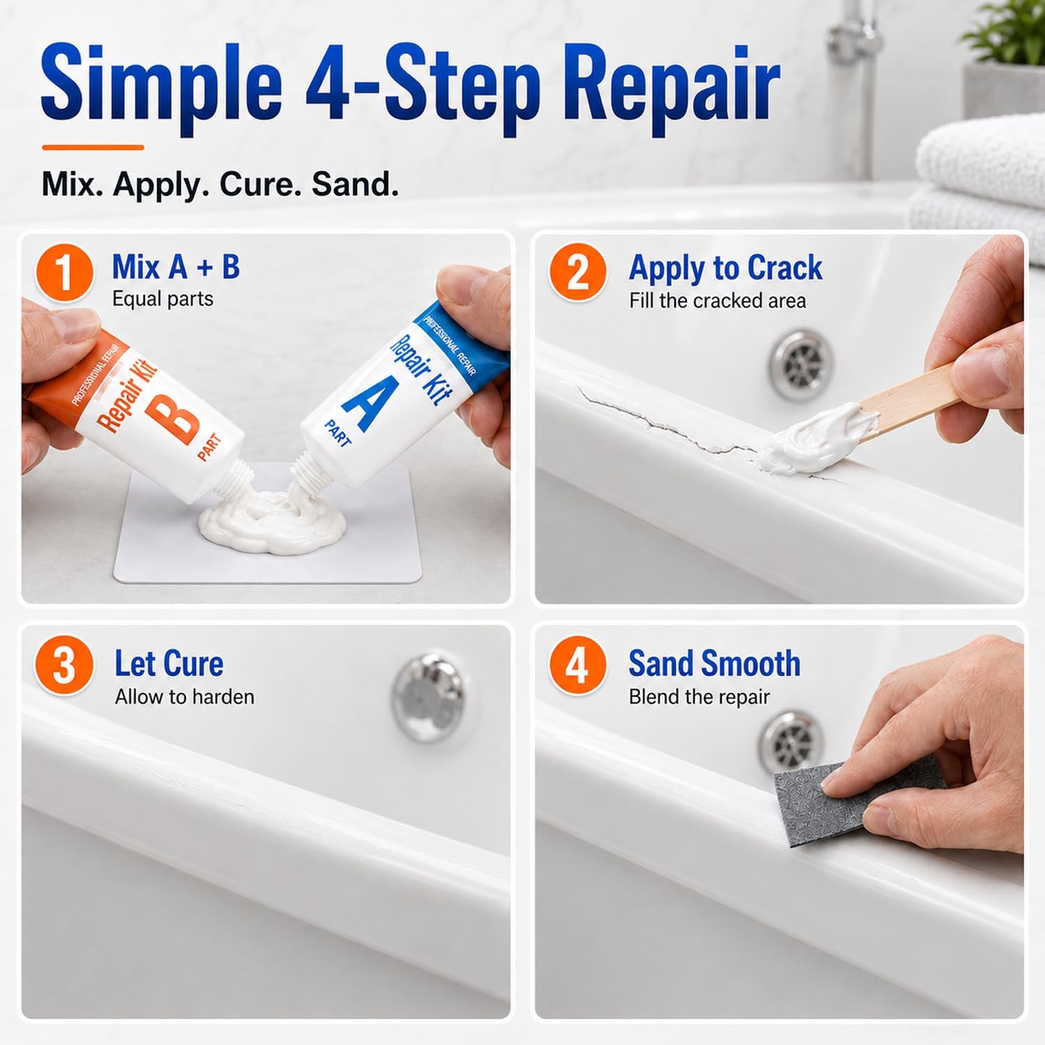 Tub Repair Kit White, Bathtub Repair Kit for Enamel, Fiberglass, Acrylic