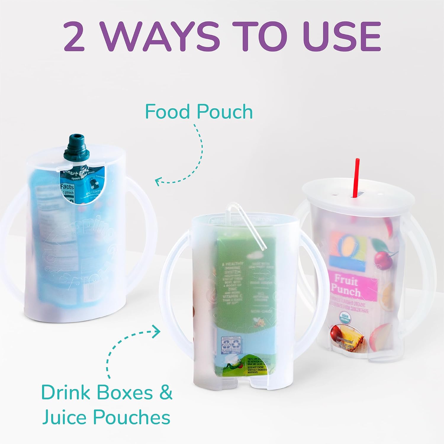 Flipping Holder Squeeze Proof Food Pouch Holder for Toddlers, Babies, Kids, Mess Free No Squeeze Juice Box Drink Holder with Easy Grip Handles and Lid - Made in USA (White 3 Pack)