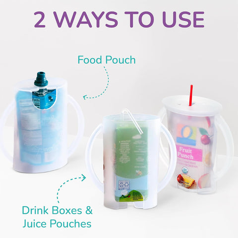 Flipping Holder Squeeze Proof Food Pouch Holder for Toddlers, Babies, Kids, Mess Free No Squeeze Juice Box Drink Holder with Easy Grip Handles and Lid - Made in USA (White 3 Pack)