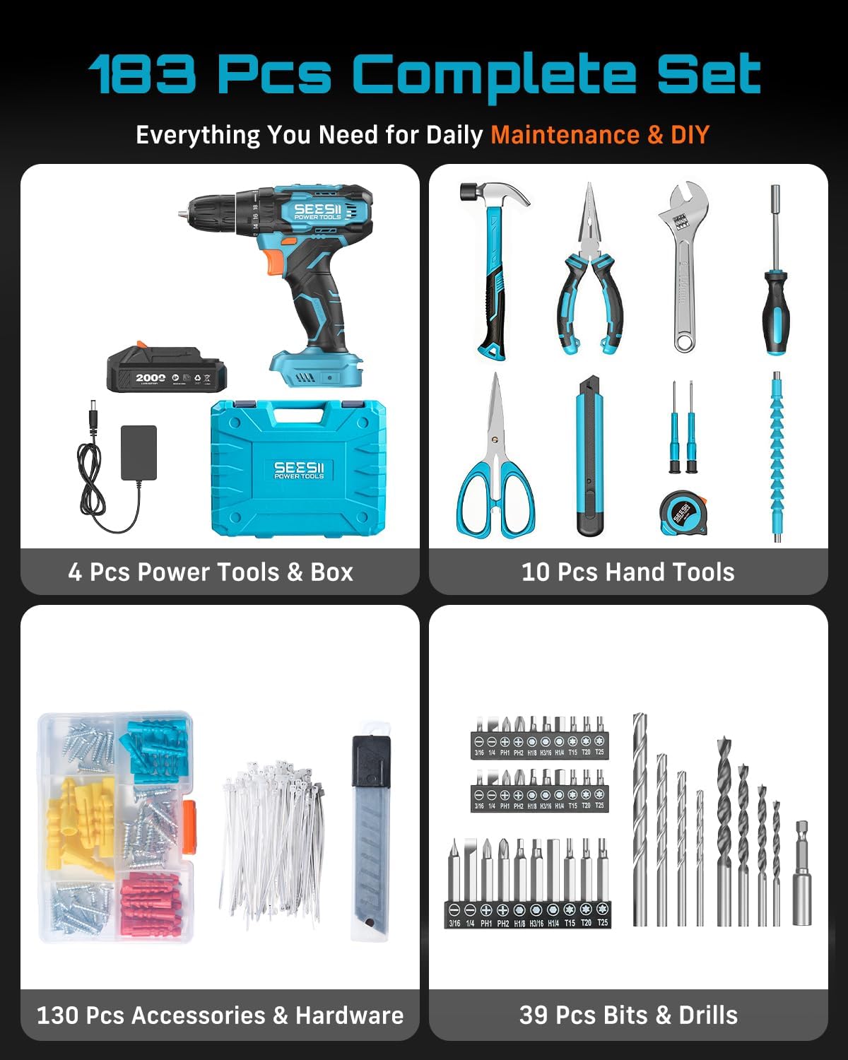 Seesii 20V Power Drill Set, 183Pcs Tool Kit with Toolbox for Home DIY