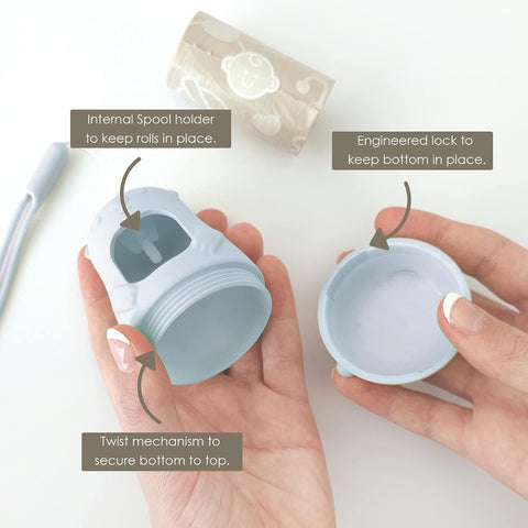 Teddy Bear Diaper Bag Dispenser | Diaper Trash Bags on the Go Dispenser w/Silicon Strap | 15 UNSCENTED Baby Poop Bags per Roll | Dirty Diaper Bags Disposable | Diaper Waste Bags (BABY BLUE)