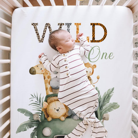 HawSkgFub Wild One Safari Animals Truck Fitted Standard Crib Sheet for Baby Boy Girl, Neutral African Jungle Animal Toddler Mattress Cover, Soft Stretchy Nursery Bed Sheets Decor Kids Gift 52 x 28
