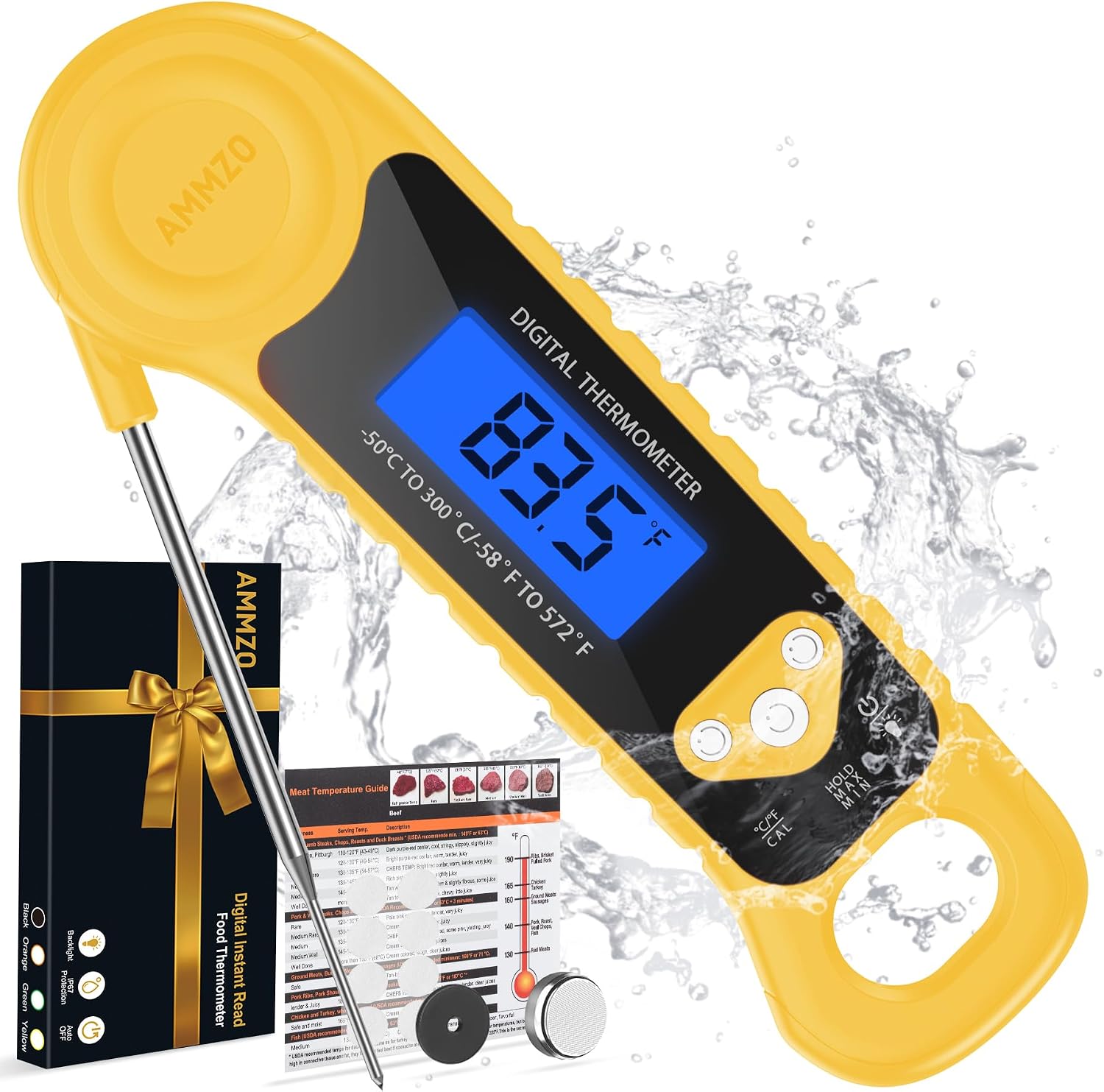 AMMZO Meat Thermometer Digital, Instant Read Food Thermometer - Waterproof w/Backlight for Cooking, Candy, Deep Fry, BBQ, Grill, Candy Making Accessories, Gifts for Men Women(Yellow)