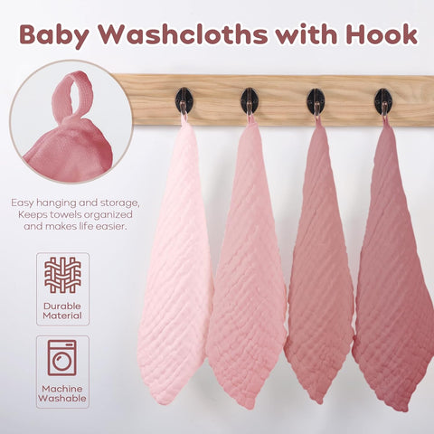 Yoofoss Muslin Baby Washcloths 100% Organic Cotton Face Towels 10 Pack Wash Cloths for Baby 12x12in Soft and Absorbent Baby Wipes (Gradient Pink)