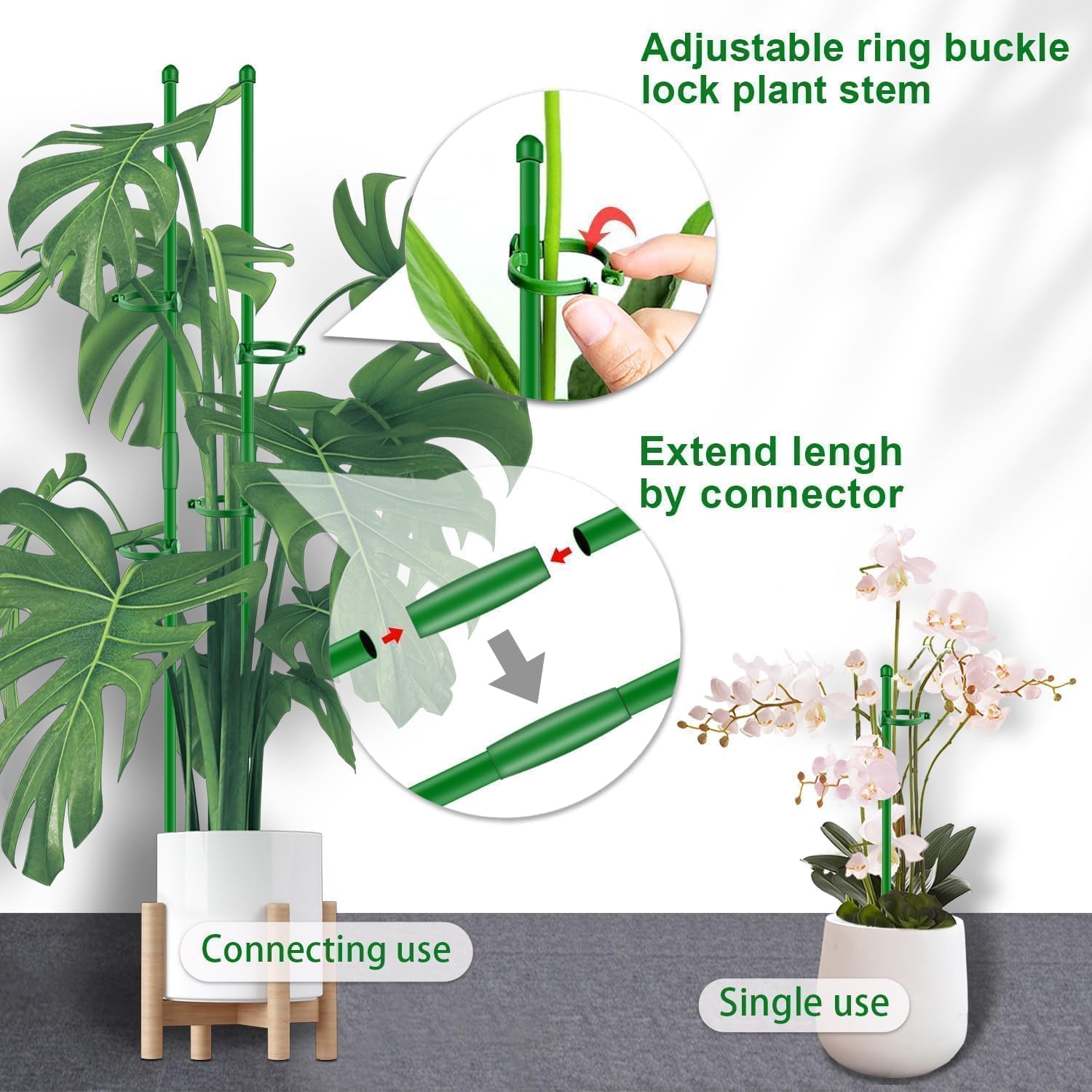Plant Stakes 17 inch SupKing Support Stick Orchid Stakes with Clips 10Pcs Garden Plant Poles Extended to 3/4/5ft for Indoor Outdoor Potted Tomato Rose Amaryllis Vegetables Monstera -Green