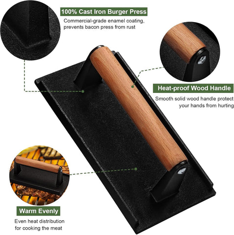 Burger Press, 7" Round & 8.2"X4.3" Rectangle Heavy-Duty Cast Iron Smash Bacon Press Meat Steak With Wood Handle for Griddle, Sandwich, Nonstick Pan