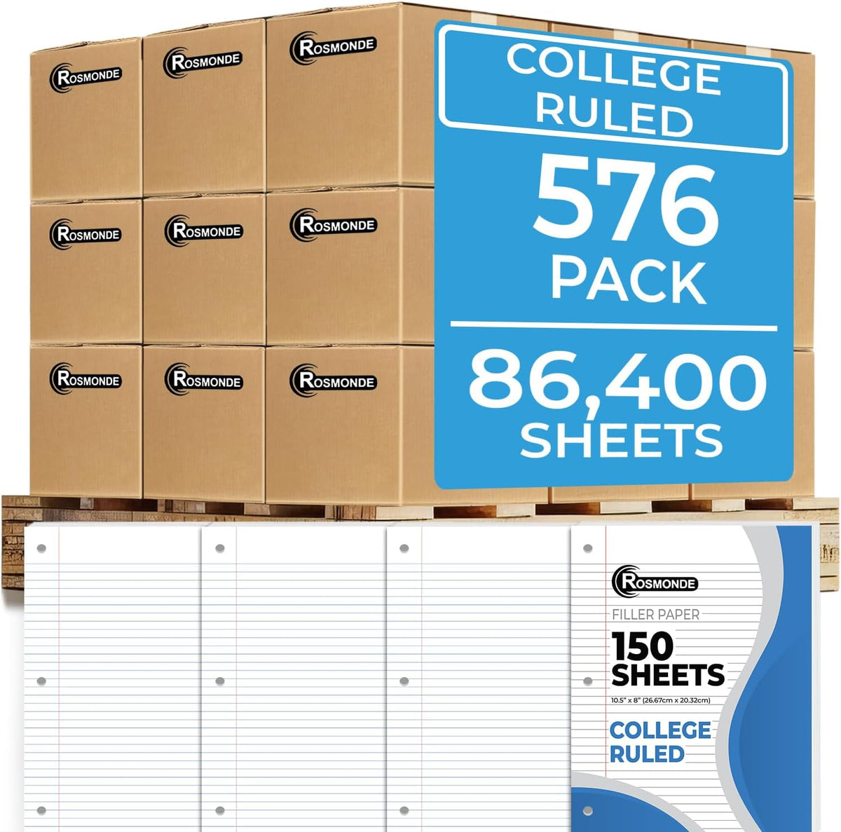 Rosmonde 576 Pack(Pallet) Loose Leaf Paper Bulk, 86400 Sheets,College Ruled