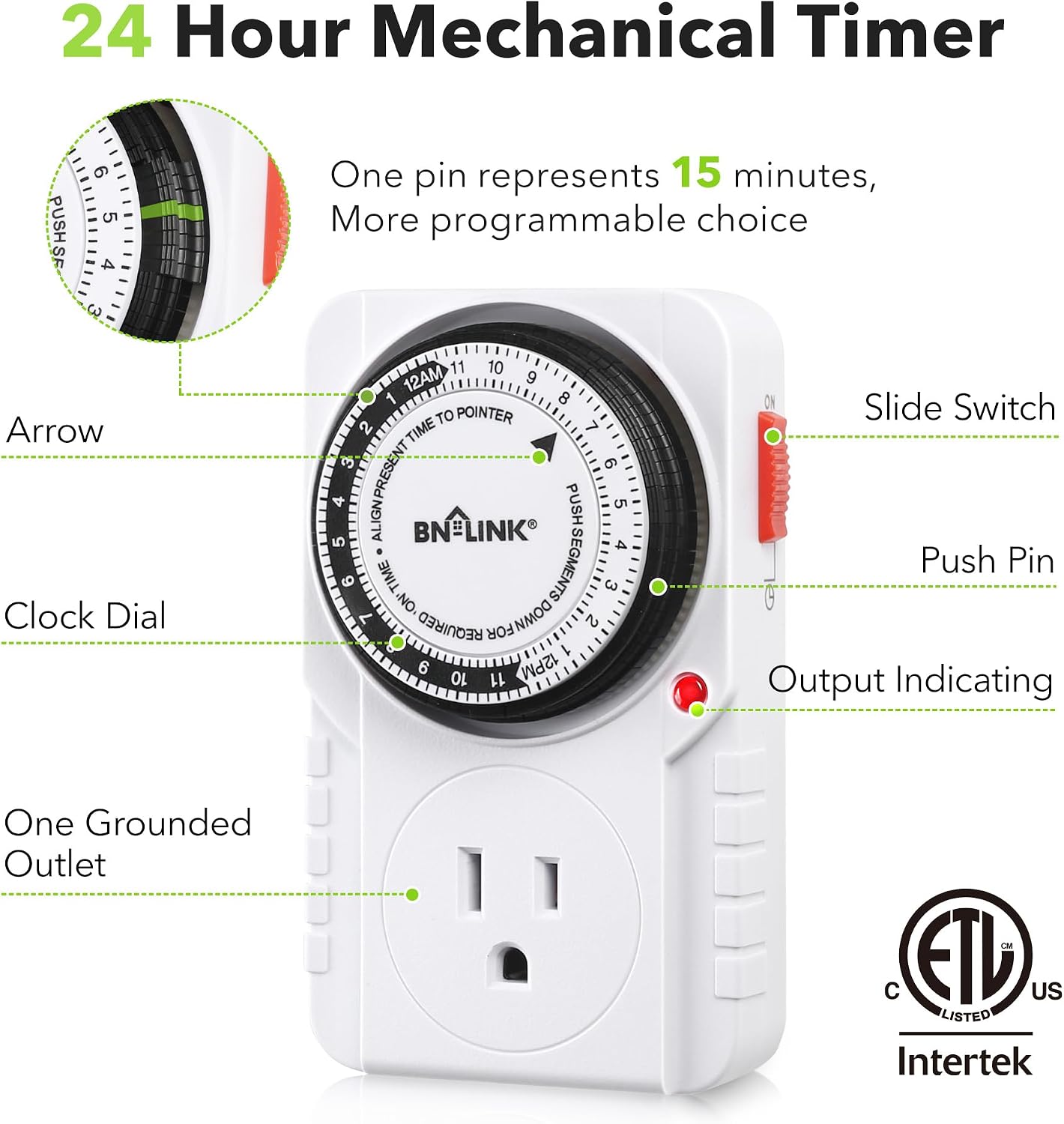 BN-LINK 24-Hour Heavy Duty Mechanical Timer Outlet,Indicator Light, 3-Prong