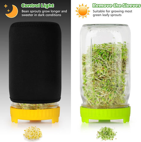 Kitmiido Seed Sprouting Kit, 2 Large Wide Mouth Mason Jars with Sprout Lids, Blackout Sleeves, Drain Tray, Stainless Steel Stand, Sprouts Growing Kit for Bean, Broccoli, Alfalfa (Yellow+Green)