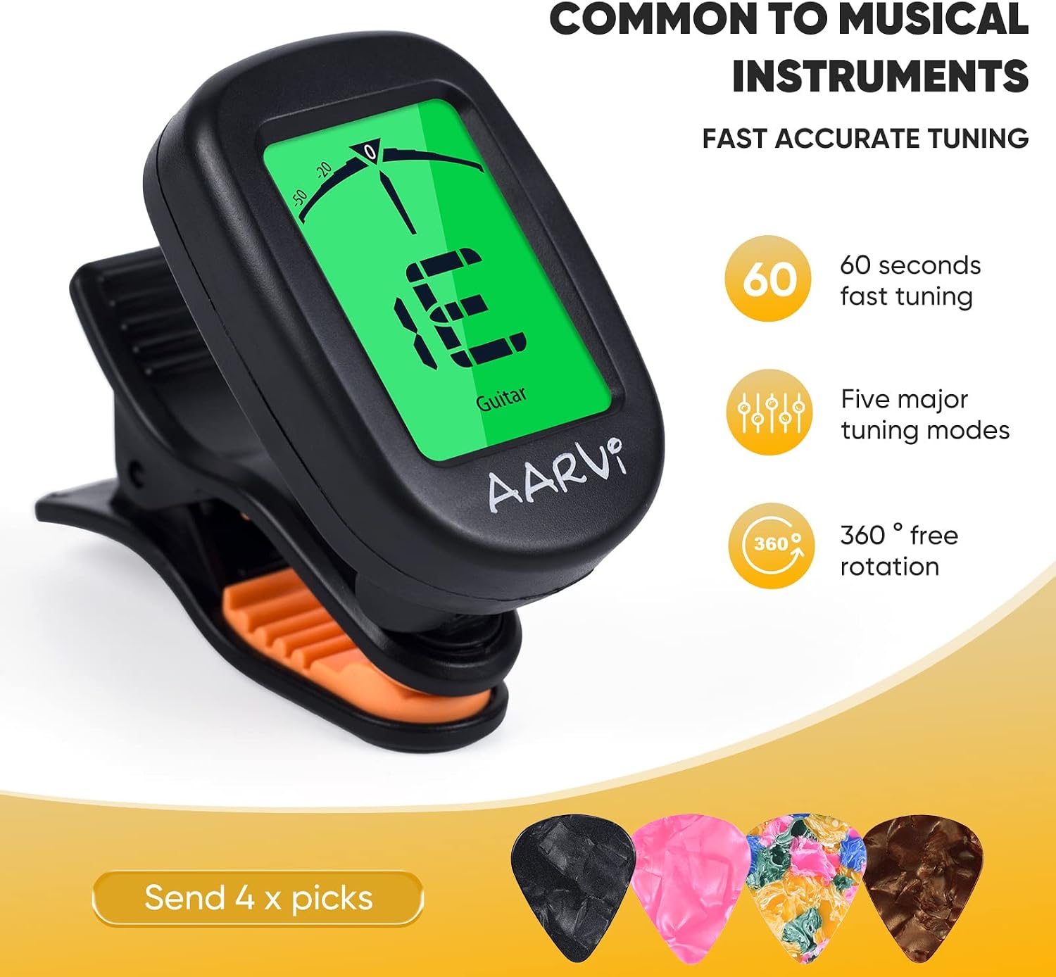 Aarvi Guitar Tuner, Clip-On Digital Chromatic Tuner for Acoustic & Electric Instruments, 10 Pack with 40 Guitar Picks