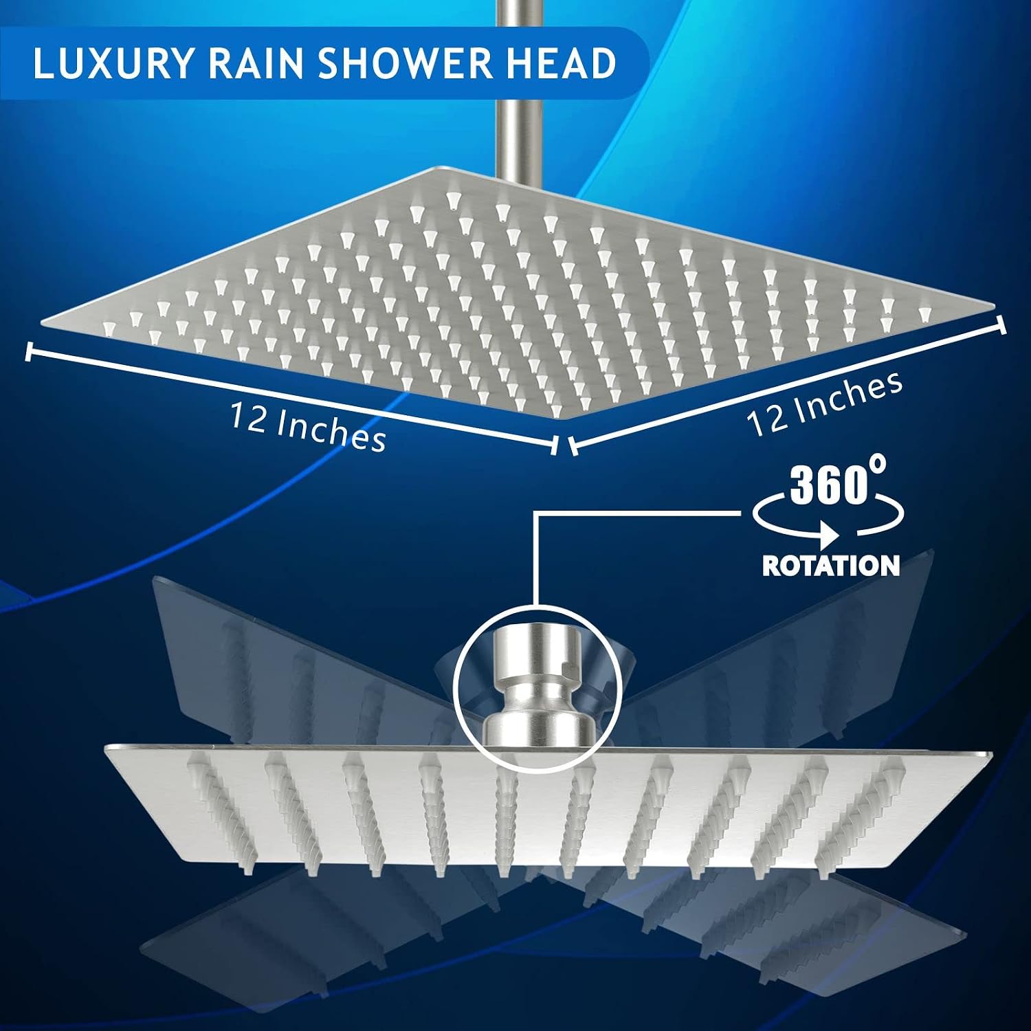 Voolan Rain Shower Head - High Flow Large Rainfall Shower Heads Made of Stainless Steel - Waterfall Bathroom Square Showerhead - Ceiling or Wall Mount (12" Brushed Nickel)