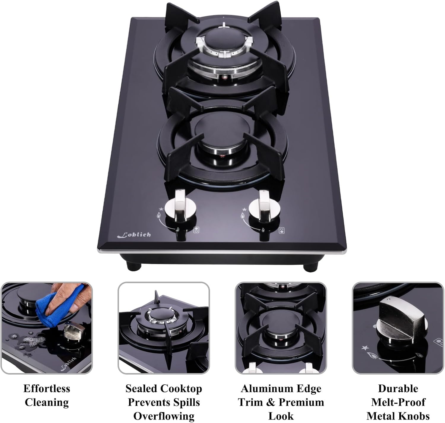 12-inch Gas Cooktop, 2 Burners Built-in Gas Stove Top, Max 12250BTU NG/LPG Convertible Tempered Glass Cooktops, RV, Apartment