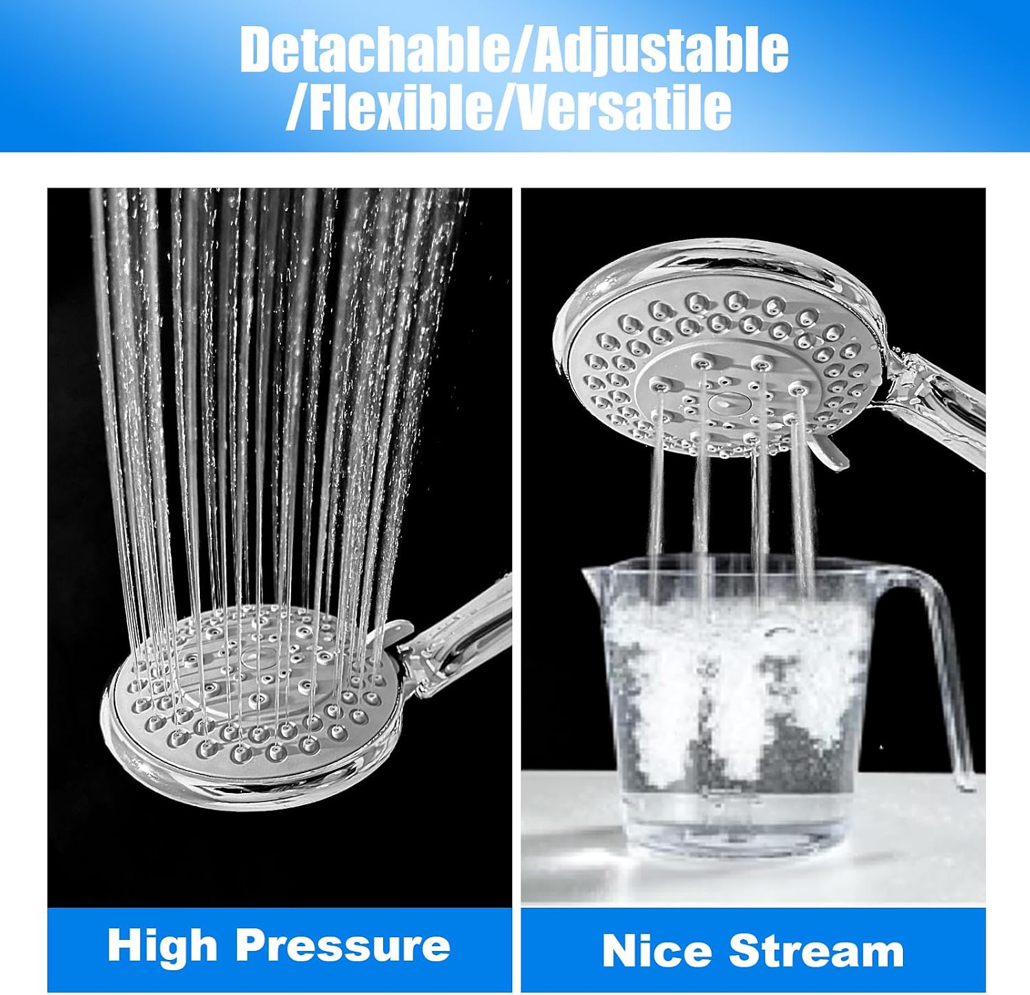 Detachable Handheld Shower Head with Hose - High pressure 5 Functions Showerheads Hand Held Shower Heads,Extra Long 4.7 ft. Stainless Steel Hose and Holder