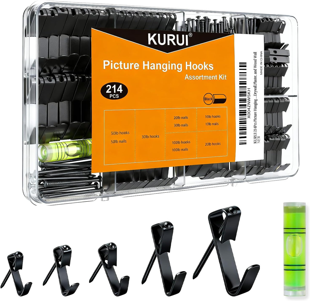 KURUI 214Pcs Picture Hanging Hooks, Renter Friendly Picture Hanging Kit with Heavy Duty Picture Hangers and Hardware Nails, for Frame, Painting, Art and Photo, on Drywall,Plaster, and Wood Wall
