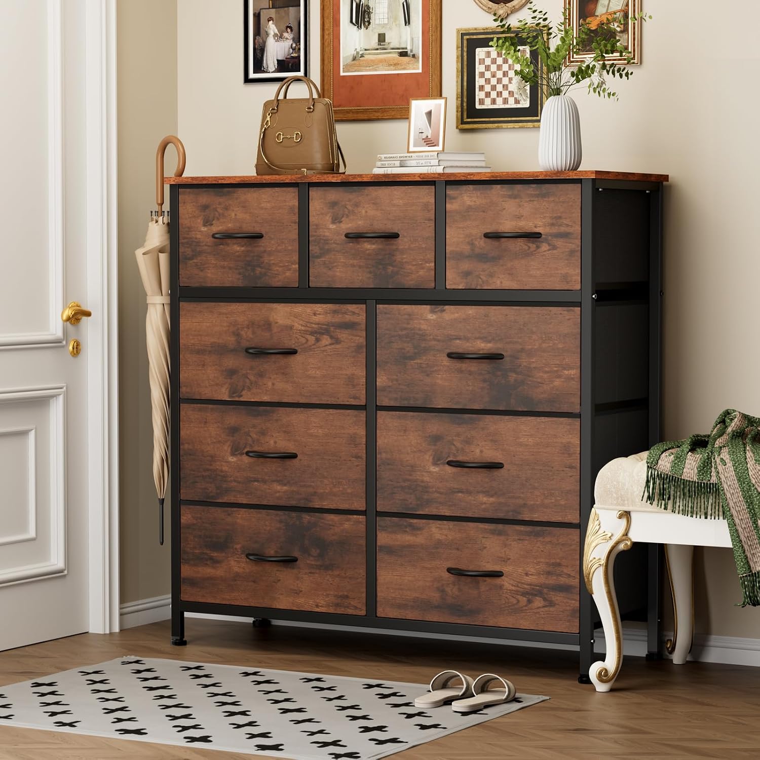 Sweetcrispy 9 Drawer Fabric Dresser Storage Tower Drawer Organizer, Brown