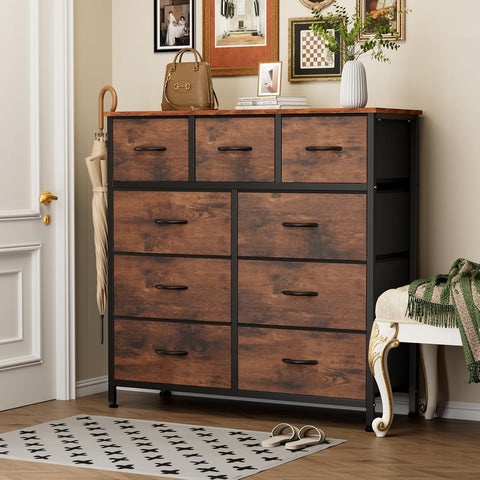 Sweetcrispy 9 Drawer Fabric Dresser Storage Tower Drawer Organizer, Brown
