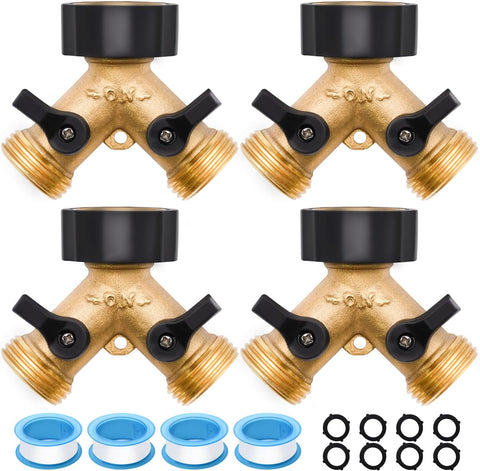 4 Pack Hose Splitter, 2 Way Heavy Duty Brass Garden Hose Splitter, for 3/4" Hose Connector, Brass Garden Hose Manifold with Rubber Washers & Tapes