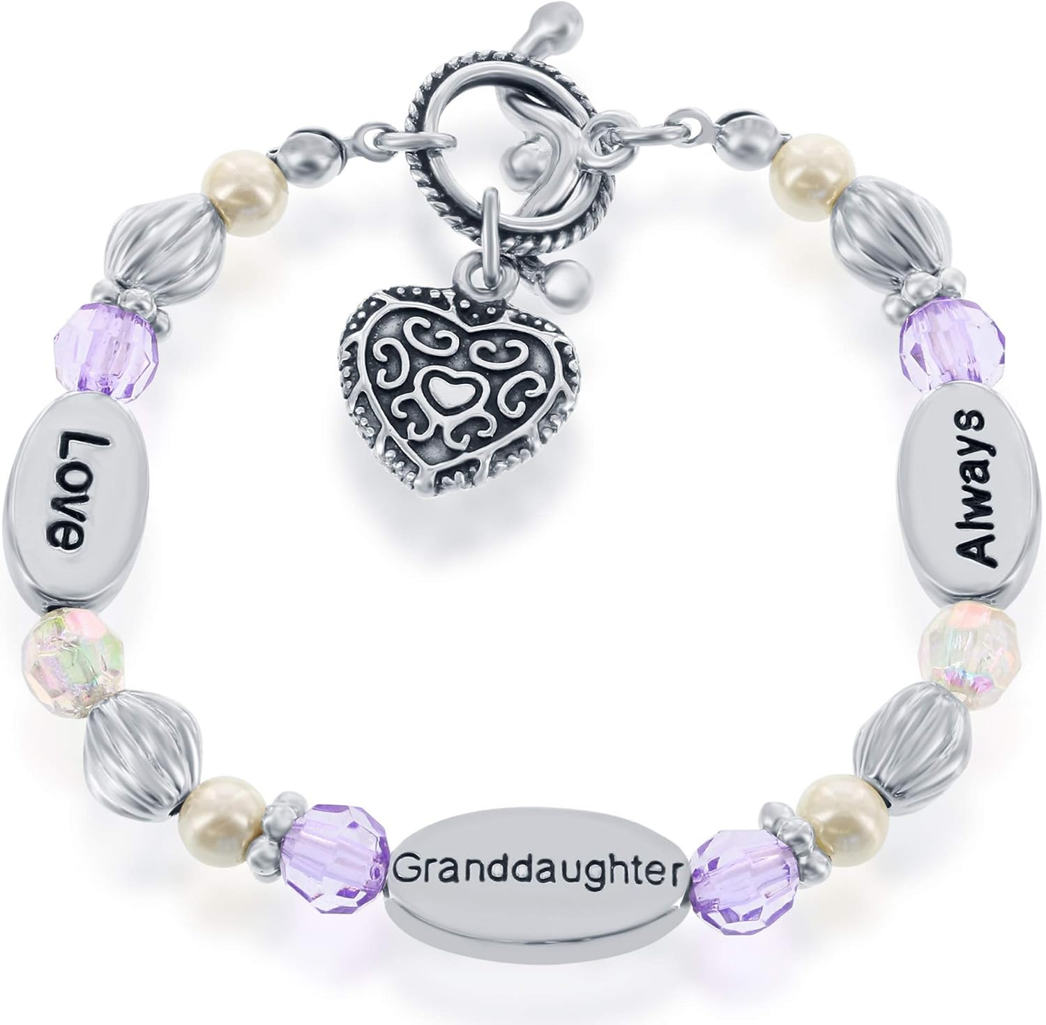 Granddaughter Gift - Stretch Heart Charm Bracelet - Gift Boxed with Sentimental Card - 'Love Granddaughter Always' with Beads & Synthetic Pearls