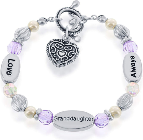 Granddaughter Gift - Stretch Heart Charm Bracelet - Gift Boxed with Sentimental Card - 'Love Granddaughter Always' with Beads & Synthetic Pearls