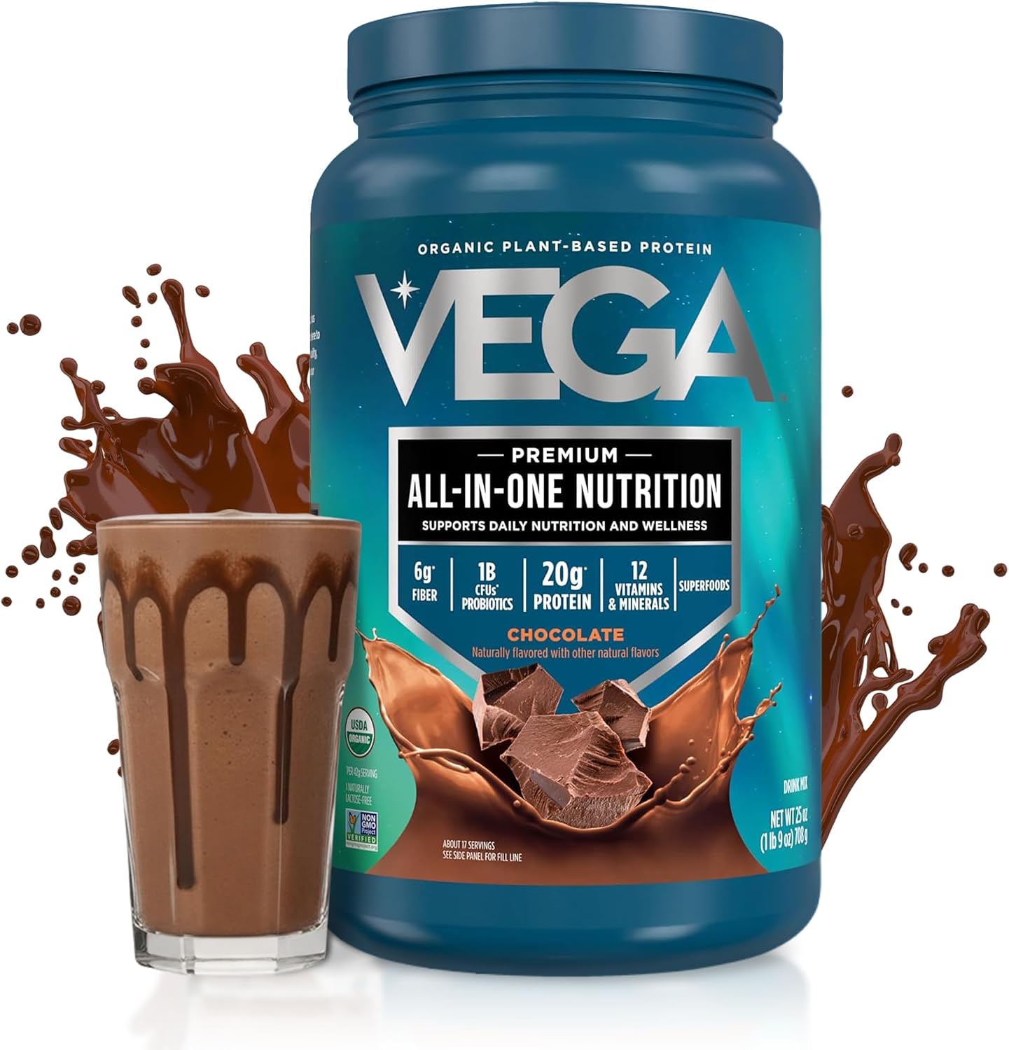 Vega All-in-One Nutrition Organic Vegan Protein Powder – Chocolate, 20g Protein Meal Replacement Shake – 1.56 lbs (17 Servings)
