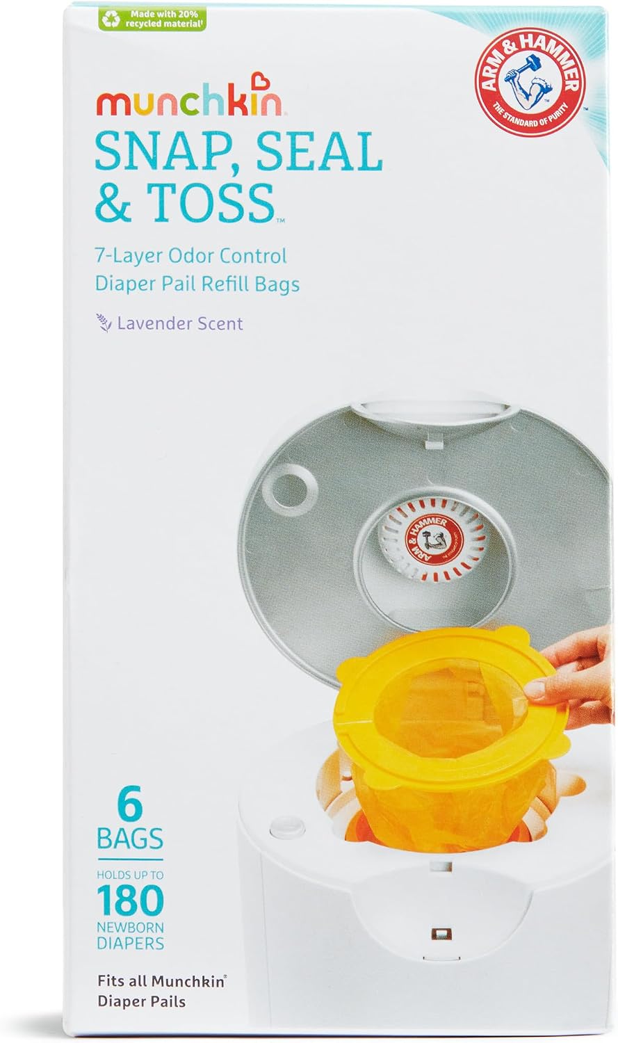 Munchkin® Arm & Hammer Diaper Pail Snap, Seal & Toss™ Refill Bags, Holds up to 180 Newborn Diapers, 6 Pack