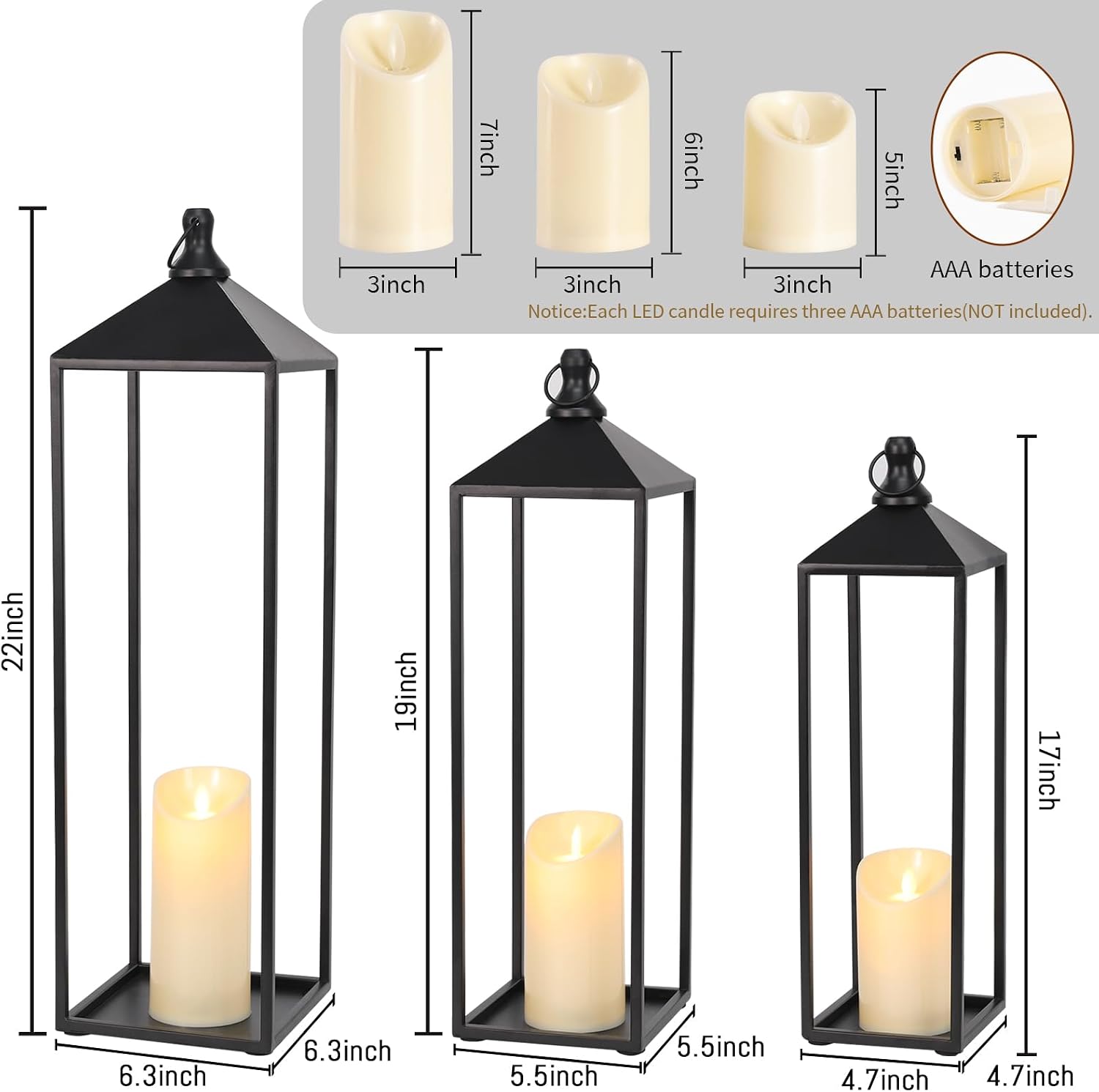 22'' 19'' 17'' Lanterns Decorative Outdoor Indoor, Set of 3 Floor Lanterns