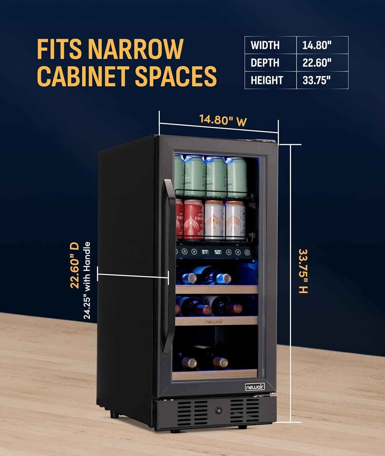 NewAir 15" Wine and Beverage Refrigerator 9 Bottle and 48 Can Capacity, Beverage Cooler in Stainless Steel, Built-in or Freestanding Dual Zone Drink Fridge with Triple-Pane Glass Door