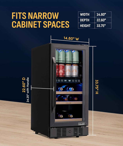 NewAir 15" Wine and Beverage Refrigerator 9 Bottle and 48 Can Capacity, Beverage Cooler in Stainless Steel, Built-in or Freestanding Dual Zone Drink Fridge with Triple-Pane Glass Door