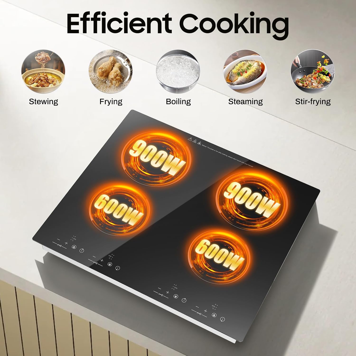 3000W 110V Electric Cooktop 4 Burners Electric Ceramic Cooktop,110V Stove Top Built-in Touch Control, 3000W 9 Heating Level Countertop & Drop-in Stove Top W/Kid Safety Lock (No Plug)