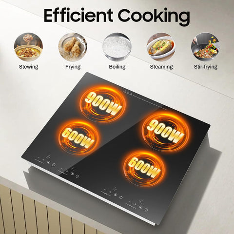 3000W 110V Electric Cooktop 4 Burners, 24 Inch Portable Built-In Countertop Ceramic Stove Top Built-in Cooktop Sensor Touch Control with Safety Lock & Timer 9 Power Levels (NO PLUG)