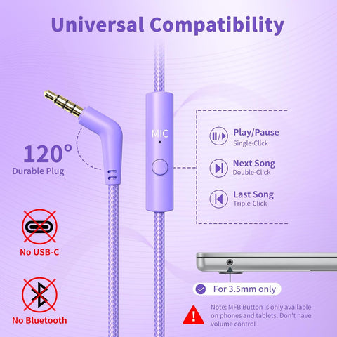 Headphones Wired with Microphone for School, 3.5mm Corded Headphone, Purple